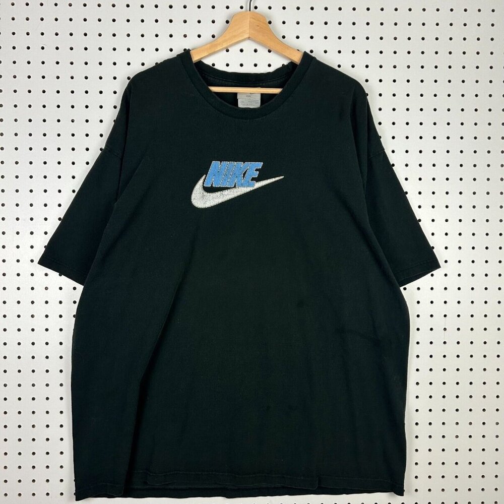 Vintage Nike Graphic Swoosh T Shirt Size XXL 2XL Black Blue Y2K Silver Tag Fade